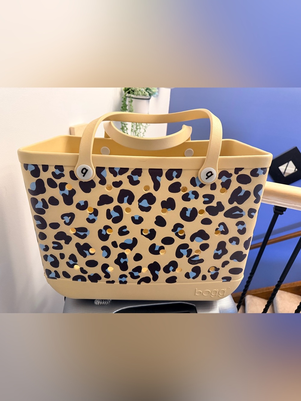 BOGG BAG Leopard-Print Tote in tan with Black and Blue Spots